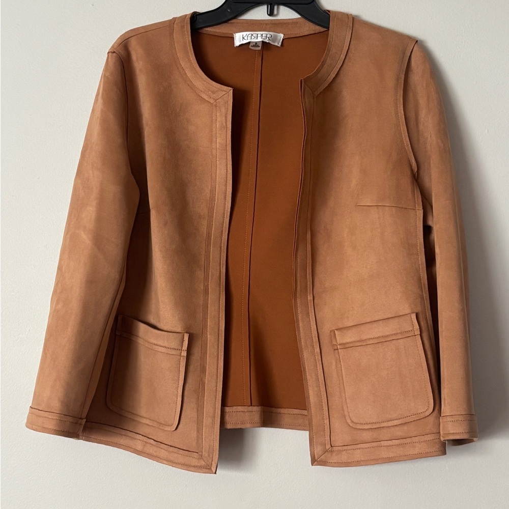 Kasper Women's Camel Suede Open Collarless Jacket